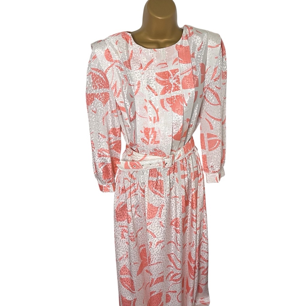 Vintage 80s Jonathan Martin Belted Midi Dress Padded Shoulders Coral White 9/10 - Picture 2 of 7